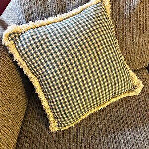 Throw Pillow Toss Accent Green Checkered Ivory Fringes Square 17"